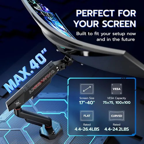 Vista 2 de ARES WING Brazo de monitor único para pantallas ultraanchas curvadas planas de 17 a 40 pulgadas de hasta 26.5 libras, soporte para monitor único