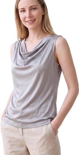 Vista 7 de Blusa sin mangas de seda pura para mujer, con cuello de estilo capucha, de seda de morera, para verano, camiseta tipo tank de seda auténtica Beige