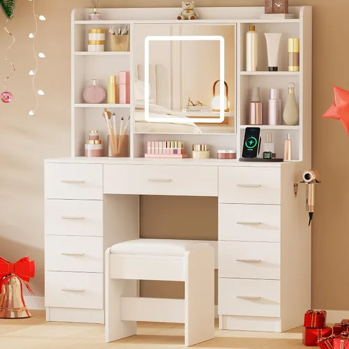 Vista 9 de BEWISHOME - Escritorio de maquillaje con espejo y luces, mesa de tocador con toma de corriente, mesa de tocador con taburete con 9 cajones y 6