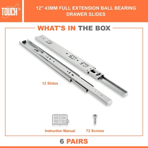 Vista 2 de TOUCH Diapositivas para cajones (6 pares, 12 pulgadas, 11.811 in) de extensión completa, rodamiento de bolas de montaje lateral, 3 pliegues, rieles