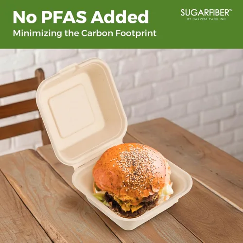 Vista 6 de [500 unidades] Fibra de azúcar por Harvest Pack PFAS FREE 6 x 6 pulgadas compostable Clamshell Recipientes de alimentos, contenedor con bisagras