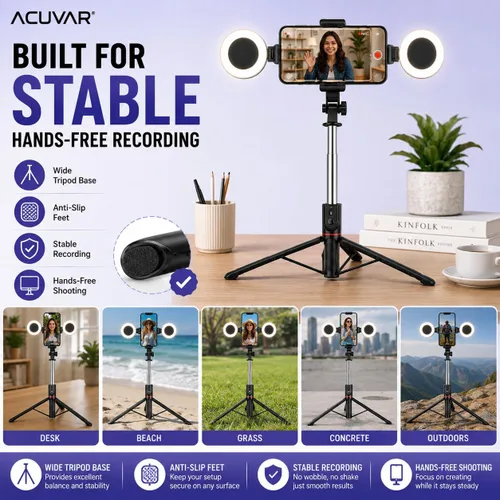 Vista 6 de Acuvar Trípode selfie stick de 71 pulgadas con luces de relleno LED dobles y control remoto Bluetooth para iPhone y Android, soporte de trípode