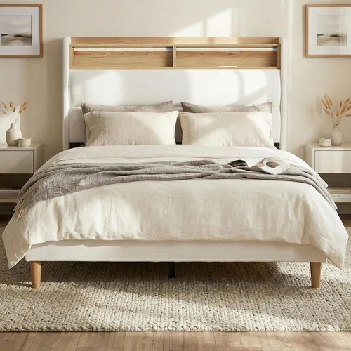 Vista 12 de Base de cama matrimonial con cabecera de almacenamiento con respaldo alado de 51.8 pulgadas, plataforma tapizada gris con estación de carga (tipo C)