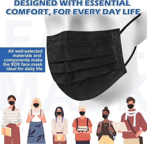 Vista 6 de XDX Mascarillas desechables negras, paquete de 50 unidades, mascarillas de 4 capas envueltas individualmente para mujeres, hombres, adultos, unisex