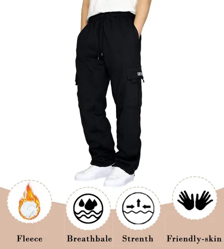 Vista 4 de NOVASGAFF Pantalones cargo de forro polar para hombre, con cordón, holgados, holgados, pantalones deportivos con parte inferior abierta con bolsillos