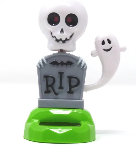 Vista 2 de Halloween bailarín con energía solar ~ CRÁNEO CON FANTASMA Y PIEDRA DE R.I.P