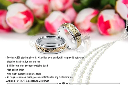 Vista 6 de Anillo de boda de plata esterlina y oro amarillo de 10 quilates, 8 milímetros, 2 tonos