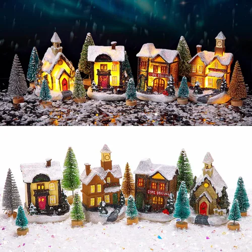 Vista 8 de Tuanse Juego de 15 piezas de accesorios de pueblo de Navidad, 4 casas de pueblo iluminadas con LED, 10 árboles esmerilados de 3.5 onzas, nieve falsa