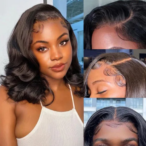 Vista 3 de Peluca de cabello humano estilo Bob para mujeres negras, 4x4, sin pegamento, encaje frontal, pelucas de cabello humano prearrancadas cortas