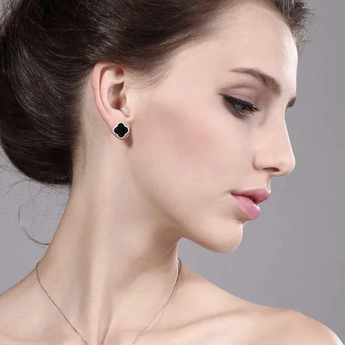 Vista 5 de 18K Gold Plated Sterling Silver Flower Shape Clover Designs Black Onyx Diamond Cut Stud Earrings For Women