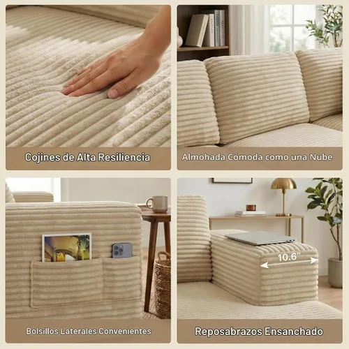 Vista 6 de Gizoon - Sofá modular modular sin hueso para sala de estar, sofá esponjoso de pana con asiento profundo de gran tamaño Beige