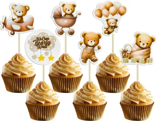 Vista 15 de Gyufise 32 Piezas Decoraciones para Cupcakes de Oso de Baby Shower Luna Oso Bebé Decoraciones de Pastel de Baby Shower Tema de Animales de la Selva
