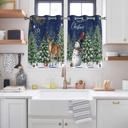 Vista 76 de Libaoge Cortinas de Navidad para cocina, dormitorio, juego de 2 paneles, diseño de muñeco de nieve de Navidad, cortinas de invierno con copos