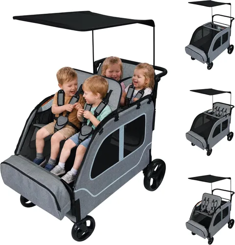 Vista 10 de Cochecito grande de 4 plazas, 2, 3, niños pequeños, color negro Car Shaped, Foldable, All Terrain, Removable Canopy, 5 Point Harness, Travel