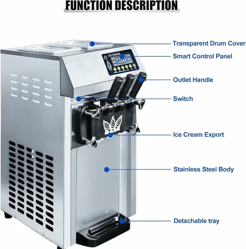 Vista 2 de Máquina de helado suave comercial, máquina eléctrica de helado de 1250 W, máquina de helados de 3 sabores, panel LCD de limpieza automática