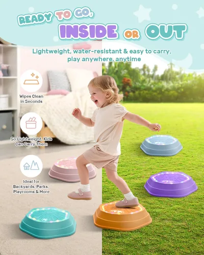 Vista 7 de Holyton Piedras iluminadas para niños, paquete de 5 juguetes de equilibrio sensorial musical con baterías recargables, piedras antideslizantes
