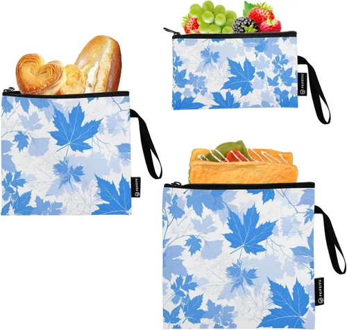 Vista 2 de Blue Elegant Romantic Maple Leaf 3 piezas reutilizables para sándwiches y aperitivos, bolsa de maquillaje multiusos para aperitivos, bolsa