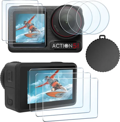 Vista 12 de FiTSTILL Protector de pantalla de vidrio templado con tapa de lente de silicona para DJI Osmo Action 4, dureza Ultra HD 9H, resistente a