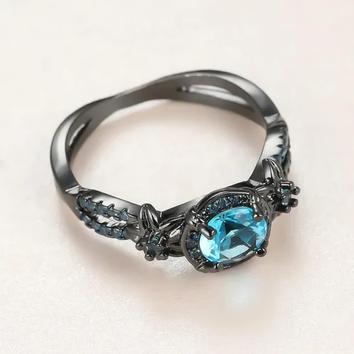 Vista 4 de Anillos góticos negros para mujer, topacio arcoíris místico con flor de amatista creada, anillo de compromiso gótico de oro negro, talla 6 a 11