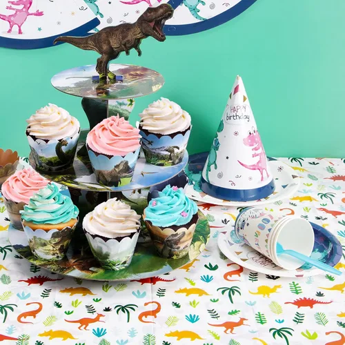 Vista 4 de Soporte para cupcakes de dinosaurio de 3 niveles para fiesta de cumpleaños de niños, soporte de cartón para 24 cupcakes