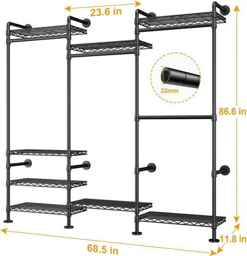 Vista 4 de ULIFHOME M6 - Perchero para montaje en pared, sistema de armario resistente con 8 estantes y 4 barras de suspensión, 68.5 pulgadas de ancho x 11.8