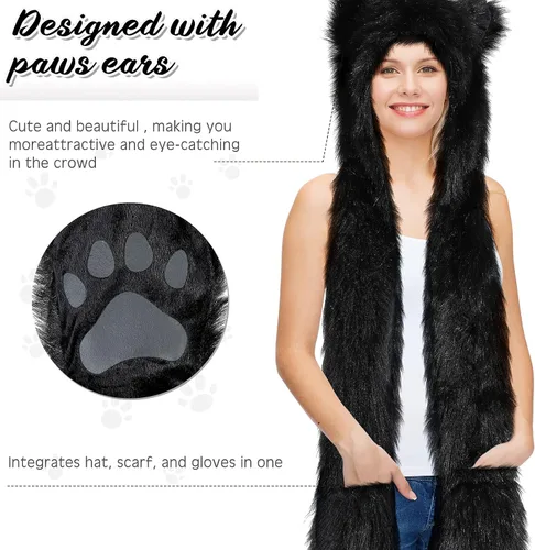 Vista 3 de Wolf - Gorro con capucha de animales sintéticos, gorro, manoplas, guantes, bufanda, orejas, accesorios de lobo