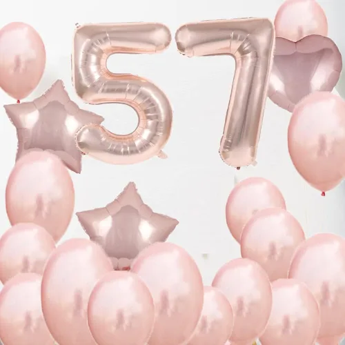 Vista 5 de Decoraciones de cumpleaños número 57, globos de oro rosa con el número 57, globos de aluminio de Mylar 57, decoración de globos de látex, gran