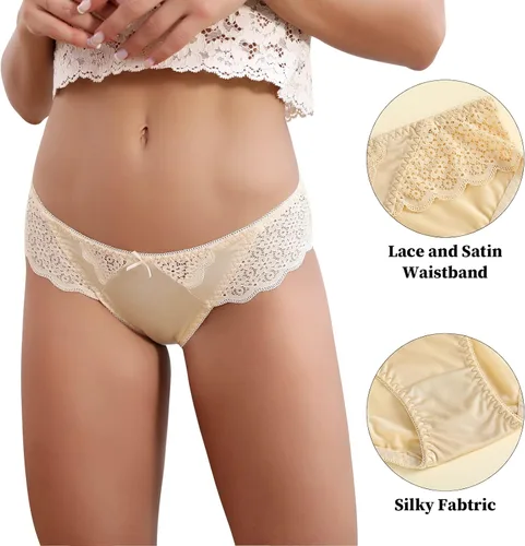 Vista 4 de BIONEK Ropa interior sexy para mujer, bikini de satén, ropa interior de encaje sedoso, hipster, paquete de 6
