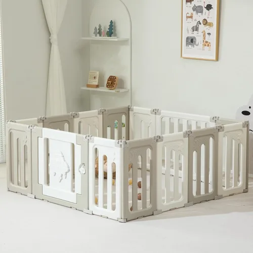 Vista 10 de Bestgame - Corralito para bebés - 14 paneles extragrandes plegables para niños pequeños, valla portátil en forma de OVNI, puerta, patio - Azul