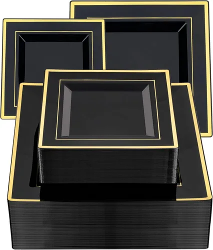 Vista 8 de Goodluck 100 Pack de Platos Desechables Cuadrados Negros, Platos de Plástico Resistente: 50 Platos de Cena de 24.1 cm y 50 Platos de Postre de 16.5