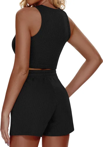 Vista 5 de Funlingo Conjunto de pijama de 2 piezas para mujer, de punto gofre, sin mangas, de verano, 2023