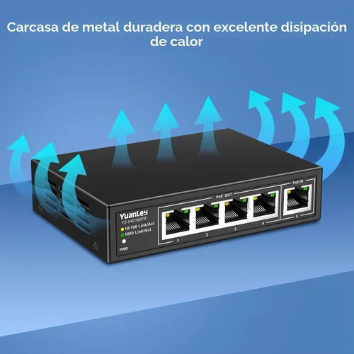 Vista 5 de Yuanley extensor PoE de 5 puertos Gigabit con 4 salidas PoE, 90W de entrada, mini interruptor de 5 canales de 1000Mbps IEEE 802.3af/at/bt, carcasa