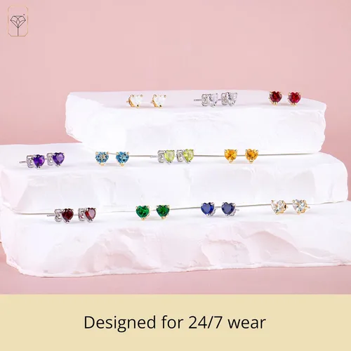 Vista 5 de MAX + STONE - Aretes de oro amarillo o blanco de 14 quilates con forma de corazón para mujer con piedra natal de 0.197in, Metal Gema