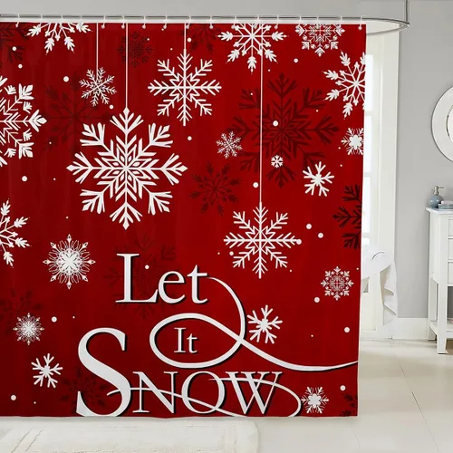 Vista 14 de Homewish Cortina de ducha de árbol de Navidad, juego de cortina de ducha de baño con diseño de copo de nieve dorado para niños y adultos, cortina