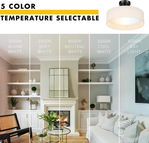 Vista 5 de Hamilyeah Lámpara de techo semiempotrada con pantalla de tela blanca, lámparas LED de 12 pulgadas para montaje en techo, lámpara de techo LED
