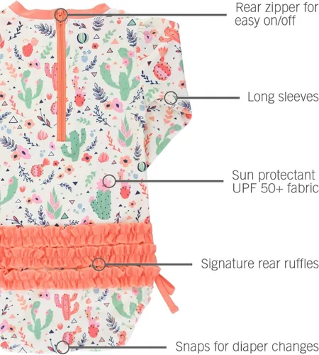 Vista 4 de RuffleButts - Traje de baño de manga larga, de una pieza, para bebéniñas, con protección solar UPF 50+