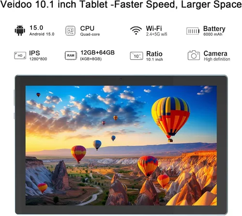 Vista 3 de Tablet Android 15 de 10 pulgadas, 12GB RAM+64GB ROM+1TB expandible, tabletas 2 en 1 con teclado/estuche/ratón/lápiz óptico, procesador de cuatro