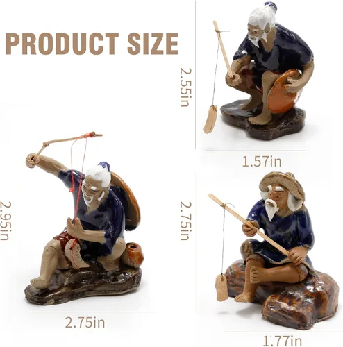 Vista 5 de 3 piezas de pescador estatua de pesca adorno bonsái accesorio árbol olla china hombre cerámica jardín decoración pecera bonsái jardín decoración