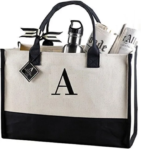 Vista 7 de Mud Pie Bolsas de lona clásicas con iniciales en blanco y negro (S), 100% algodón, 17" x 19" x 2