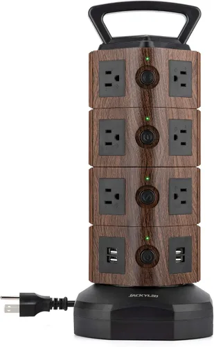 Vista 15 de Regleta de alimentación con protector de sobretensión de torre, JACKYLED 16 tomas 6 USB (2 USB C) estación de carga, cable de extensión con Negro