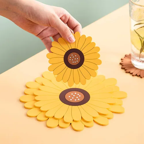 Vista 3 de Salvamanteles de silicona con diseño de girasol, almohadillas calientes para mesa y encimera, salvamanteles de goma suave multiusos para ollas