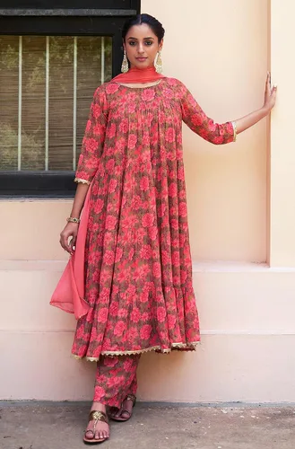 Vista 4 de Janasya Conjunto Kurta Embellecido con estampado floral digital rosa Georgette para mujer