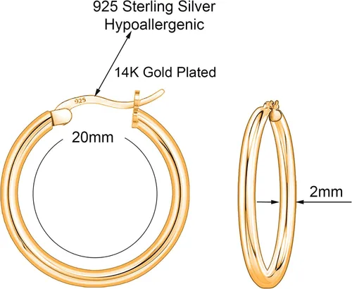Vista 3 de Savlano Aretes redondos de plata de ley 925 Aretes de aro chapados en oro de 18 quilates para mujeres y hombres, vienen en 0.394 in a 0.984 in
