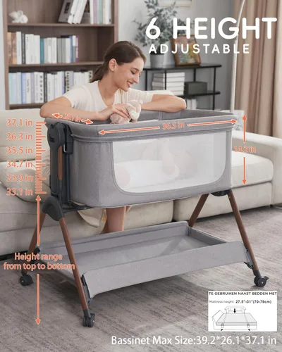 Vista 4 de Cuna para bebé - Cuna para dormir al lado de la cama, Cunas al lado de la cama 3-en-1 para bebé, Cuna con movimiento, con colchón cómodo, ruedas
