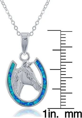 Vista 3 de Colgante de plata de ley con herradura y caballo de ópalo azul creado con cadena de 18 pulgadas, Metal, Ópalo sintético