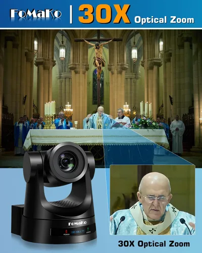Vista 3 de FoMaKo Cámara PTZ, paquete de zoom óptico 30X, seguimiento automático AI Gen 3, cámara HDMI PoE, para adoración de la iglesia