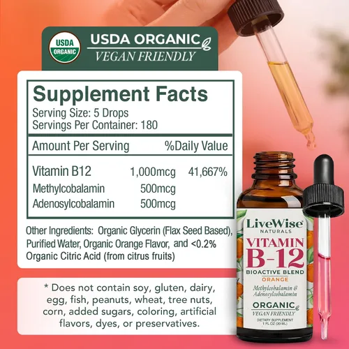 Vista 2 de Líquido B12 Vitamina Sublingual – Vitamina Líquida Totalmente Natural Vegana B12 Gotas – Suplemento de adenosilcobalamina sin OMG y metilcobalamina