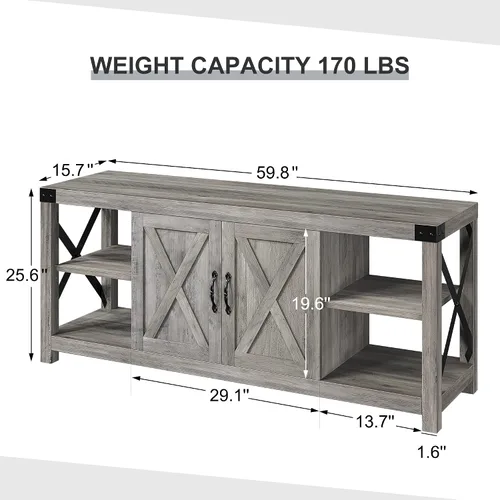Vista 2 de IDEALHOUSE Soporte de TV de 59 pulgadas para TV de hasta 65 pulgadas, gabinete de TV de madera de granja con almacenamiento y estantes ajustables