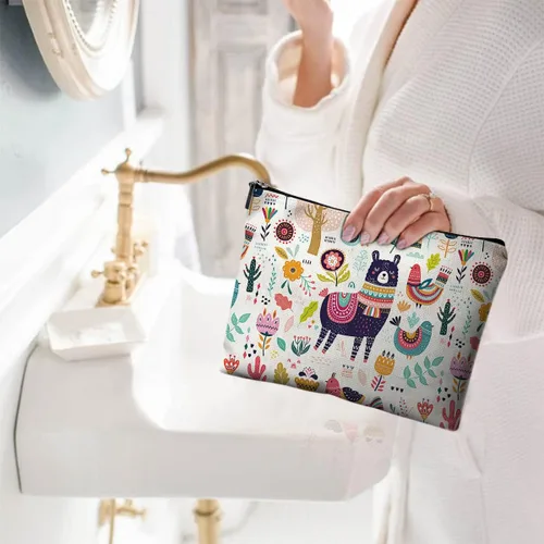 Vista 2 de Pequeña bolsa de maquillaje para monedero, bonita lona impermeable, bolsas de cosméticos para mujeres, con cremallera, bolsa de aseo de viaje
