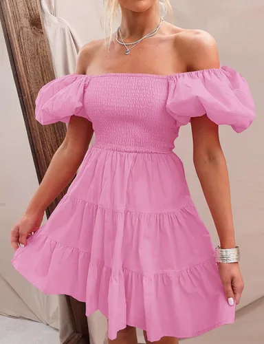 Vista 2 de ZESICA Vestido corto bohemio de verano para mujer, con cuello cuadrado, manga abombada, hombros descubiertos, fruncido, escalonado, casual